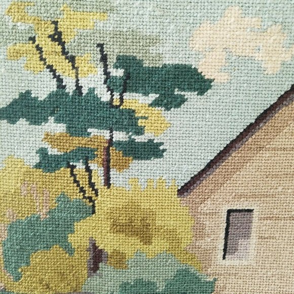 Vtg NEEDLEPOINT Tapestry- Cottage and Water Mill - Picture 4 of 10